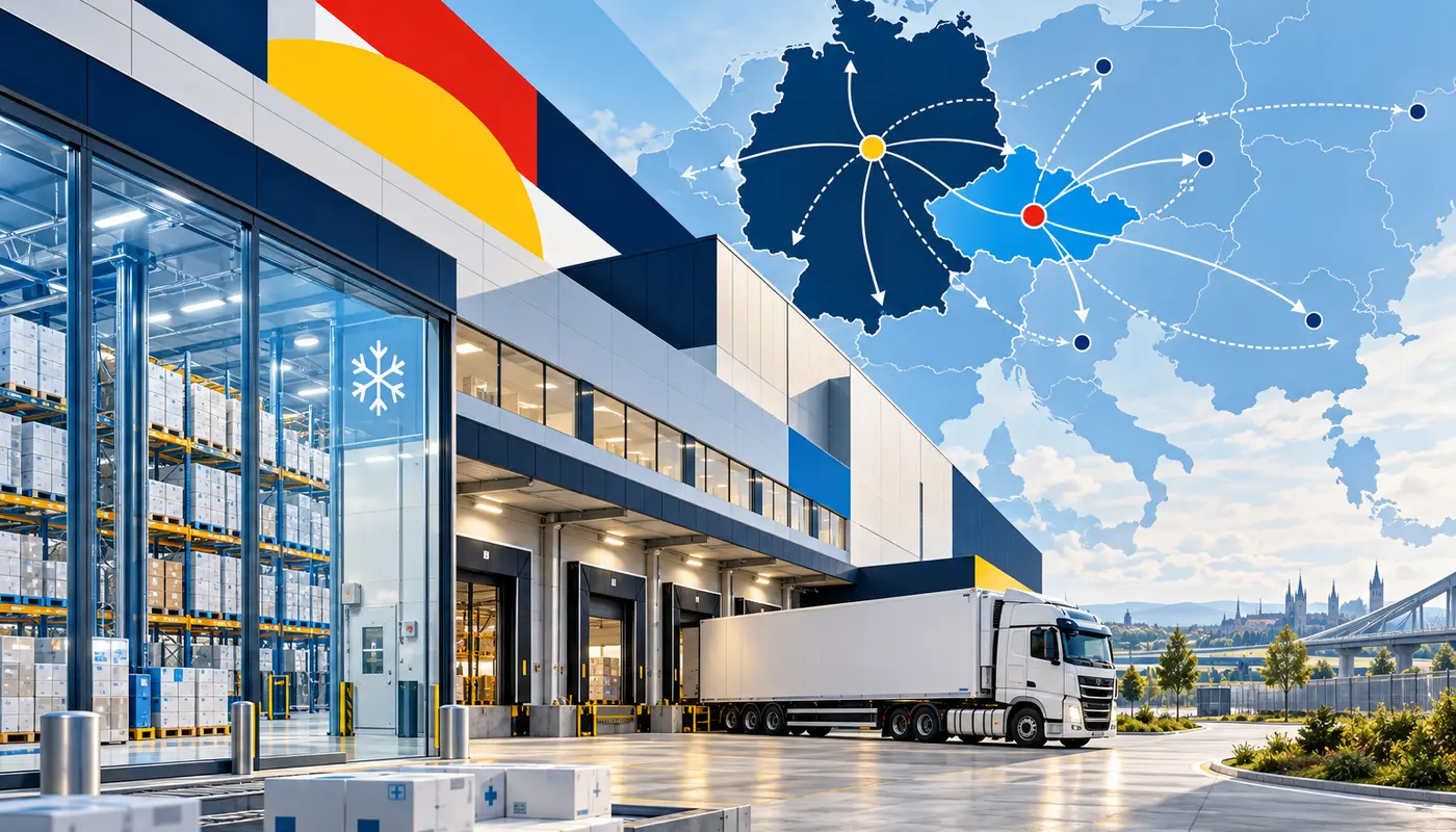 Entrepôt pharmaceutique GDP moderniste à Cheb avec zone froide, camion et routes entre Allemagne, Tchéquie et CEE