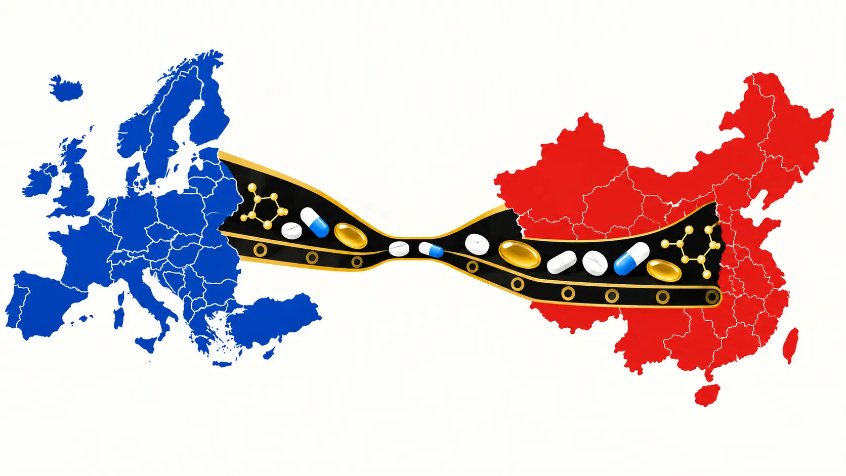 Map illustration of the vitamin supply chain from China to Europe with controlled storage